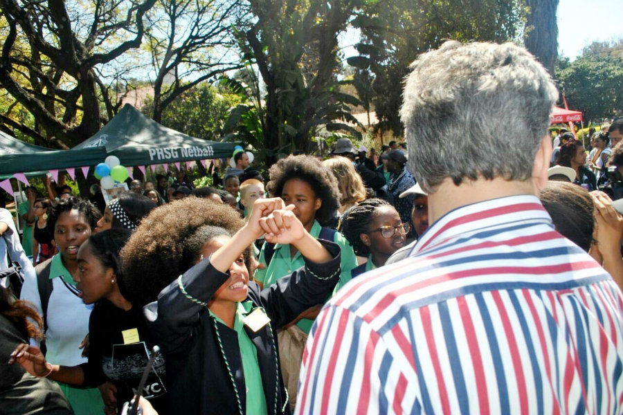 South African students at Pretoria High School for Girls protested against a hair policy that makes them "tidy" their hair when they choose to wear it naturally in afros and sends them to detention if they refuse. Photo credit: Twitter / Lennoxbacela / The Cut