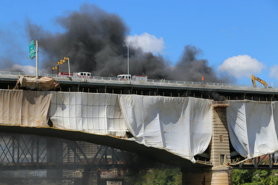 The Liberty Bridge caught fire while people worked on a renovation project, causing significant damages that weakened the massive structure. Photo credit: Margaret J. Krauss / 90.5 WESA 