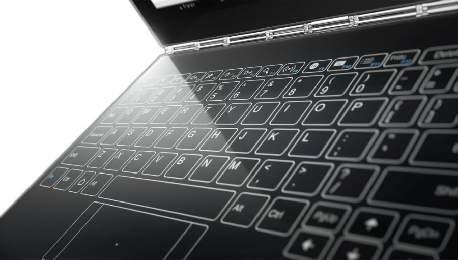 The Yoga Book’s keyboard appears on the matte black surface of the device as a glowing touchpad keyboard. Photo credit: PhoneArena.com