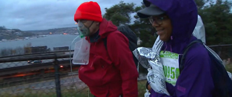 This past Sunday, Evans Wilson walked through the entire 26 and a half mile race with the help of an oxygen tank. Photo credit: ABC News