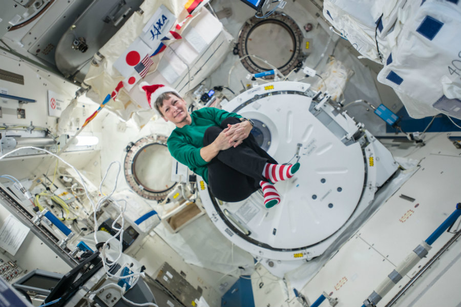 Peggy Whitson celebrating Christmas on the ISS. Photo credit: NASA