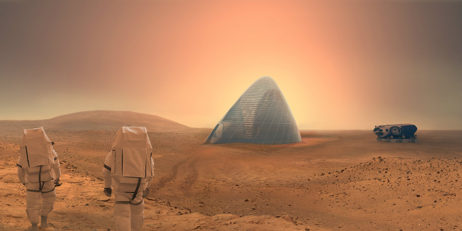 The concept of this constructions relies on the use of the buried ice water beneath Mars’ surface. Photo credit: Mars Ice House